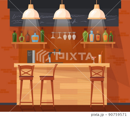 Cartoon pub counter. Bar interior inside cafe or nightclub, bartender table closeup, alcohol beverage liquor wine on shelf, barstool cafe light seat club, neat vector illustration 90759571