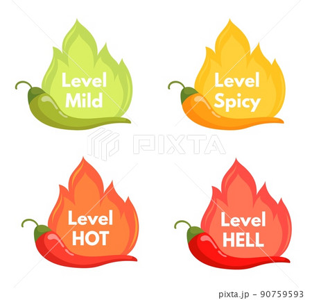 Spicy peppers level. Sticker hot chilli pepper scale mild medium hell for sauce labels, fire spice rate chili capsaicin heat flavour ketchup jalapeno habanero cayenn, neat vector 90759593