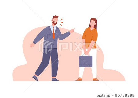 Boss screams on worker. Annoying angry employer shouting woman employee, rude leader man scream voices manager, bad bossing emotional businessman yell Boss screams on worker. Annoying angry employer shouting woman employee, rude leader man scream voices manager, bad bossing emotional businessman yell 90759599