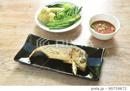 fried mackerel and spicy shrimp chili paste sauce eat couple with boiled vegetable on plate fried mackerel and spicy shrimp chili paste sauce eat couple with boiled vegetable on plate 90759672
