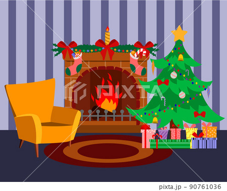 Decorated cozy Christmas room with a Christmas tree, colorful gift boxes Decorated cozy Christmas room with a Christmas tree, colorful gift boxes 90761036
