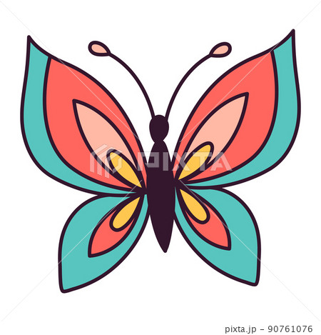Butterfly Retro 70s 60s Groovy Hippie vector illustration. Summer retro colours butterfly print for tee shirt or fashion fabric. 90761076
