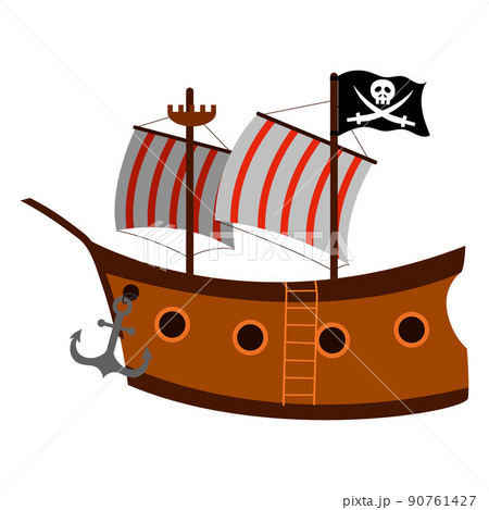 pirate ship with sails and pirate flag, vector... - Stock Illustration  [90761427] - PIXTA