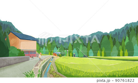 夏の水田のある風景手書き水彩風イラスト 90761822