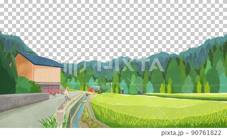 夏の水田のある風景手書き水彩風イラスト 90761822