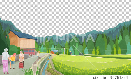 Landscape with summer rice fields Handwritten watercolor style illustration 90761824