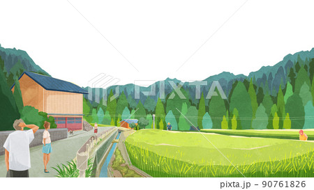 夏の水田のある風景手書き水彩風イラスト 90761826