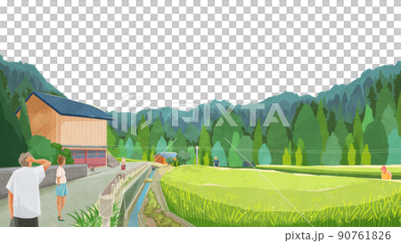 夏の水田のある風景手書き水彩風イラスト 90761826
