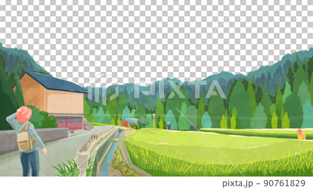 夏の水田のある風景手書き水彩風イラスト 90761829