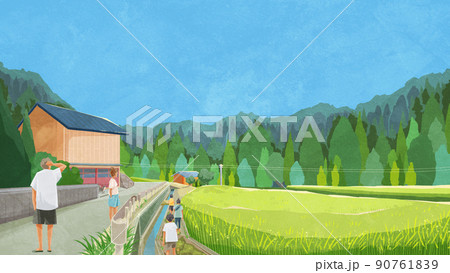 夏の水田のある風景手書き水彩風イラスト 90761839
