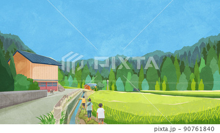 夏の水田のある風景手書き水彩風イラスト 90761840