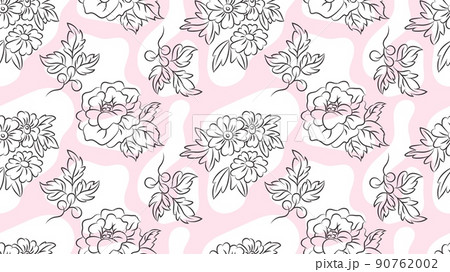 Romantic print roses chamomile and leaves. Outline flowers, spring summer garden vector seamless pattern. Decorative texture with abstract shapes 90762002
