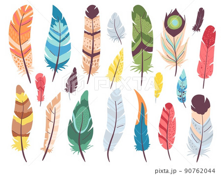 Flat color feathers. Bird feather, tribal indigenous indian decorative elements. Elegant multicolor accessory kit, plumage with geometry ornament decent vector set Flat color feathers. Bird feather, tribal indigenous indian decorative elements. Elegant multicolor accessory kit, plumage with geometry ornament decent vector set 90762044