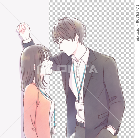 壁ドンされて嫌がる女性 会社員ver 背景なしのイラスト素材