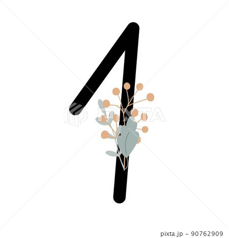 Number decorated with flowers, floral monogram vector illustration in simple boho style, flat pastel colored decorative lettering collection 90762909
