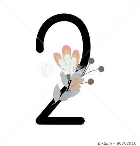 Number decorated with flowers, floral monogram vector illustration in simple boho style, flat pastel colored decorative lettering collection 90762910