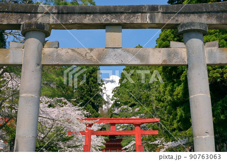 青森県弘前市百沢寺沢 北門鎮護岩木山神社二の鳥居と参道と桜並木、奥に鎮座する岩木山 青森県弘前市百沢寺沢 北門鎮護岩木山神社二の鳥居と参道と桜並木、奥に鎮座する岩木山 90763063