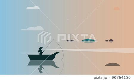 Black silhouette of a fisherman sitting in a boat and fishing with a rod. Vector illustration  90764150