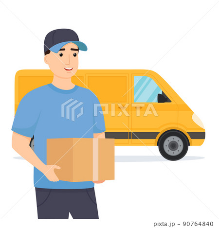 Delivery man in uniform holding box with delivery truck on background. Delivery service. Vector illustration 90764840
