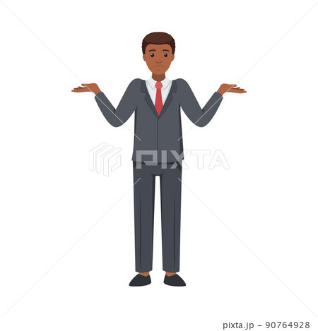 Office African American Man Character in Suit and Red Tie Standing and Shrugging Shoulders Vector Illustration Office African American Man Character in Suit and Red Tie Standing and Shrugging Shoulders Vector Illustration 90764928