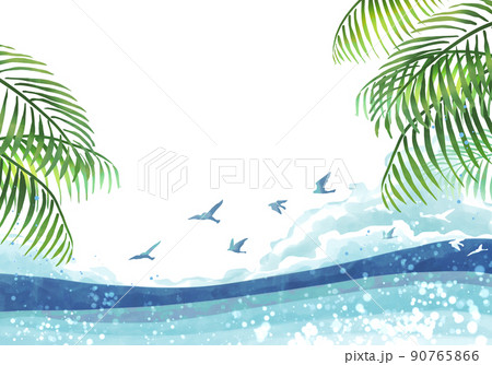 夏の海と海鳥と入道雲とヤシの葉 90765866