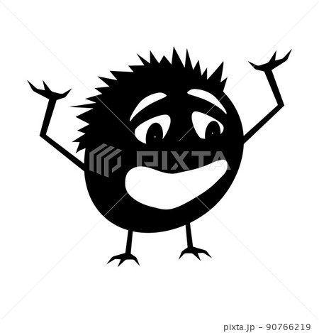 The silhouette of a round creature at a loss. Big mouth and eyes, arms raised. Small thin legs. Isolated vector on a white background. 90766219
