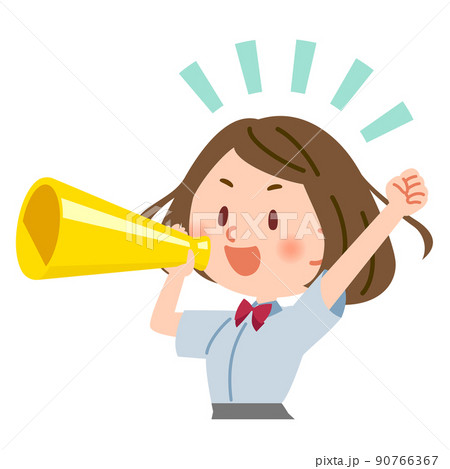 メガホンで応援する夏服の学生 90766367