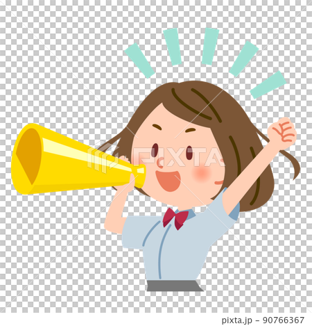 メガホンで応援する夏服の学生 90766367