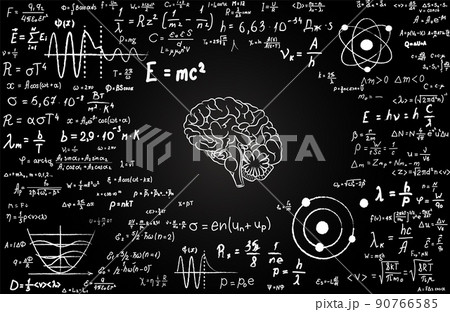 Blackboard inscribed with human brain and scientific formulas and calculations in physics and mathematics.  90766585