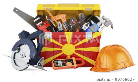 Macedonian flag painted on the toolbox. Service, repair and construction in Macedonia, concept. 3D rendering 90766627