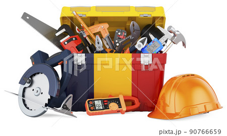 Romanian flag painted on the toolbox. Service, repair and construction in Romania, concept. 3D rendering Romanian flag painted on the toolbox. Service, repair and construction in Romania, concept. 3D rendering 90766659