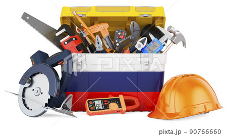 Russian flag painted on the toolbox. Service, repair and construction in Russia, concept. 3D rendering Russian flag painted on the toolbox. Service, repair and construction in Russia, concept. 3D rendering 90766660