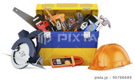 Ukrainian flag painted on the toolbox. Service, repair and construction in Ukraine, concept. 3D rendering Ukrainian flag painted on the toolbox. Service, repair and construction in Ukraine, concept. 3D rendering 90766689