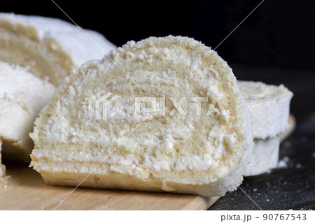 sliced dessert with cottage cheese cream 90767543