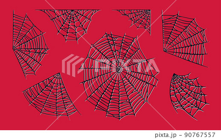 Spider web set isolated on red background. Spooky Halloween red cobwebs. Vector illustration 90767557