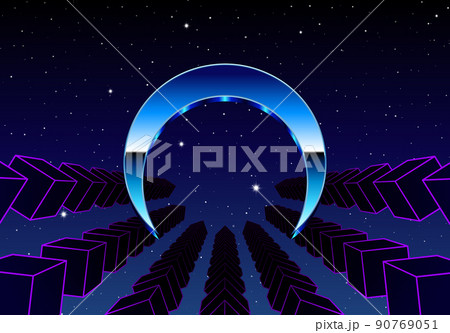 Synthwave frame with chrome arc and 80s styled synthwave arcade game landscape. Synthwave frame with chrome arc and 80s styled synthwave arcade game landscape. 90769051