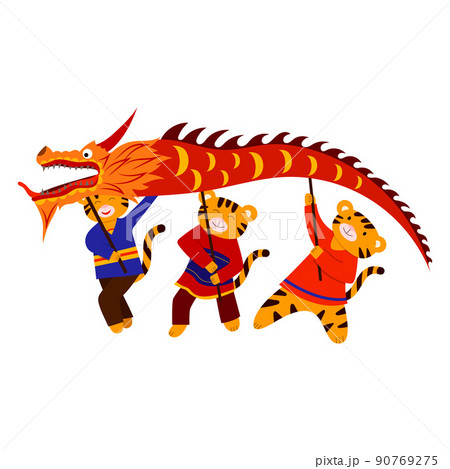 Cartoon illustration for children, Chinese New Year. A tiger and a Chinese dragon. Cartoon illustration for children, Chinese New Year. A tiger and a Chinese dragon. 90769275