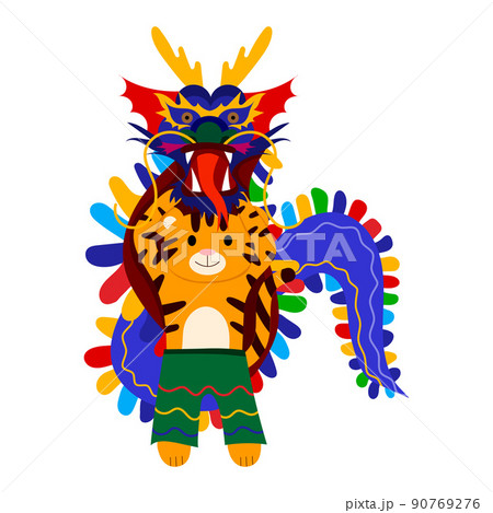 Cartoon illustration for children, Chinese New Year. A tiger and a Chinese dragon. Cartoon illustration for children, Chinese New Year. A tiger and a Chinese dragon. 90769276