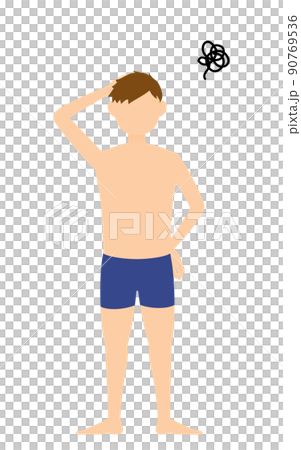 男子生徒、水着姿、頭を抱えて悩む 男子生徒、水着姿、頭を抱えて悩む 90769536