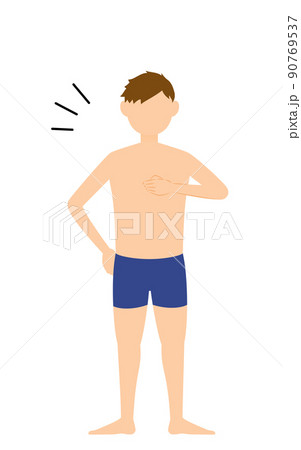 男子生徒、水着姿、自信満々に胸をたたく 男子生徒、水着姿、自信満々に胸をたたく 90769537