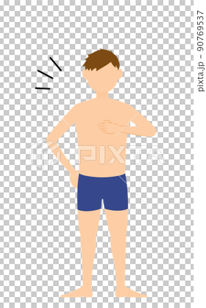 男子生徒、水着姿、自信満々に胸をたたく 男子生徒、水着姿、自信満々に胸をたたく 90769537
