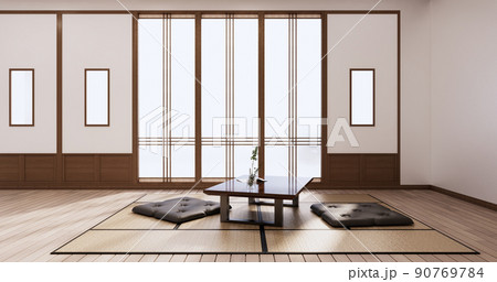 Zen room interior wooden wall on tatami mat floor, low table and armchair.3D rendering 90769784
