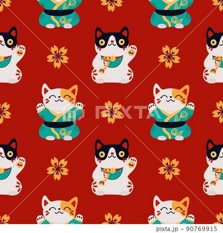 Seamless Japanese maneki cats. Lucky Asian symbols background. Traditional souvenir. Kittens with raised foot. Sakura flower. Oriental print with fortune talisman. Garish vector pattern 90769915