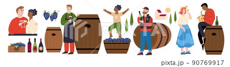 People drink wine. Winemaking industry. Grape harvest. Sommelier characters testing natural beverage. Alcohol production. Romantic couple with glasses. Garish vector winemakers set 90769917