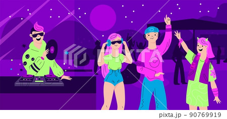 Open air DJ party. Dance community. Musical festival. Night club discotheque. Techno, electro music concert. Men or women disco dancing. People on outdoor event. Garish vector concept 90769919
