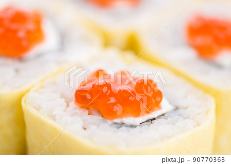 Japanese food restaurant, sushi maki gunkan roll plate or platter set. Sushi set and composition Japanese food restaurant, sushi maki gunkan roll plate or platter set. Sushi set and composition 90770363