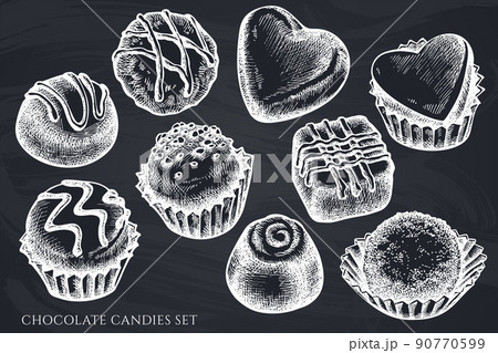 Vector set of hand drawn chalk chocolate candies Vector set of hand drawn chalk chocolate candies 90770599