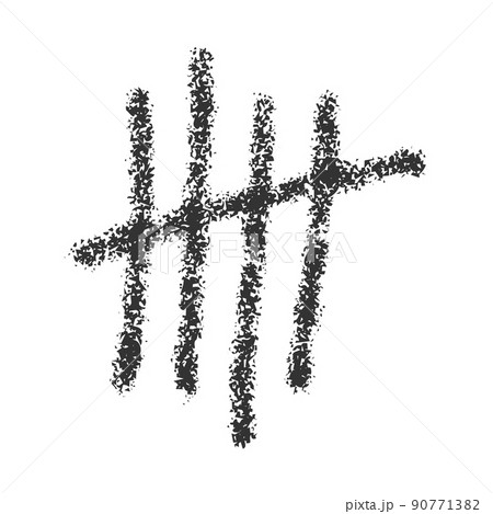 Charcoal tally mark. Black sticks sorted by four and crossed out by slash line. Day counting symbol on jail wall. Unary numeral system sign symbolized number 5 90771382