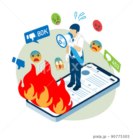 炎上するスマホの上で演説をする男性立候補者 - SNSでの選挙活動 90775305