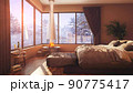 A hotel room with a bed and a large window with winter background 3d illustration 90775417